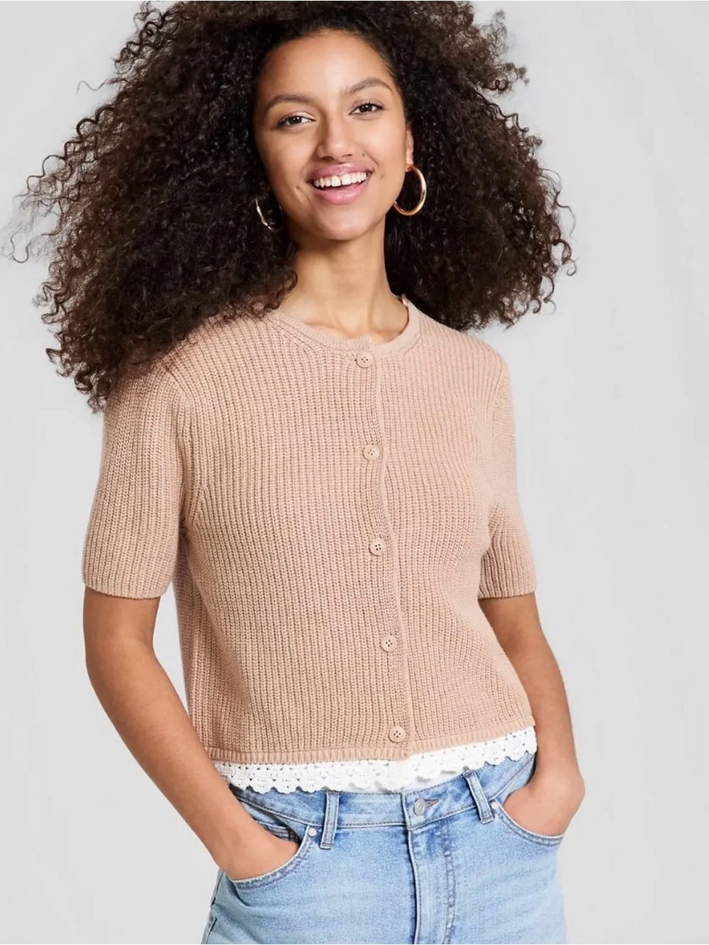 And Now This Cropped Knit Button Cardigan with Lace Trim - Taupe